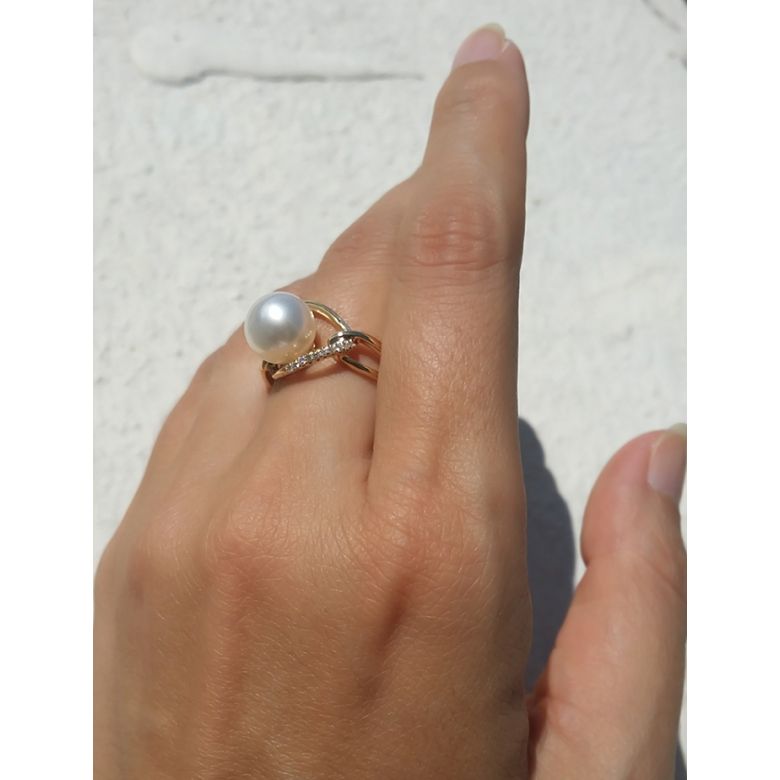 Bague or jaune perle blanche eau douce - 2 anneaux unis en diamants - 4