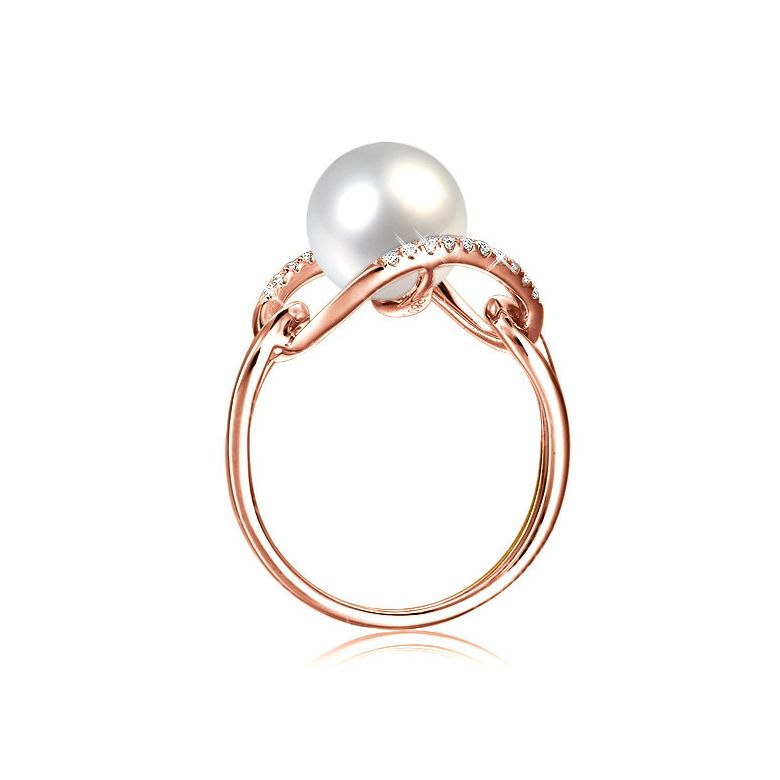Bague or rose perle blanche eau douce - 2 anneaux unis en diamants - 3