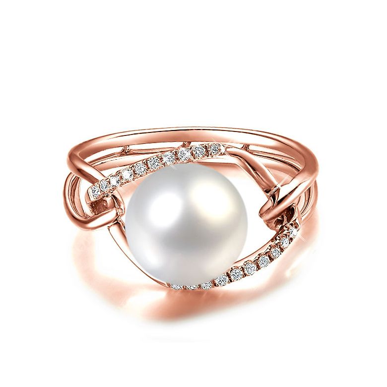 Bague or rose perle blanche eau douce - 2 anneaux unis en diamants - 2