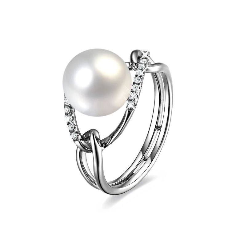 Bague 2 anneaux or blanc à l'unisson - Perle de culture et diamants - 2