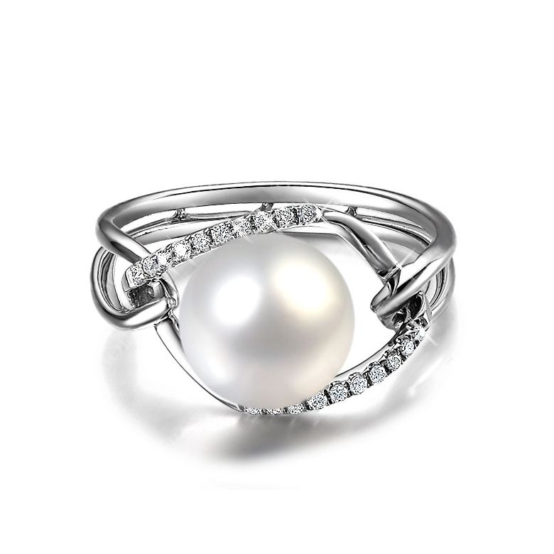Bague 2 anneaux or blanc à l'unisson - Perle de culture et diamants - 4