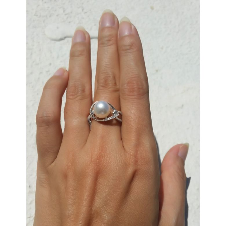 Bague 2 anneaux or blanc à l'unisson - Perle de culture et diamants - 1