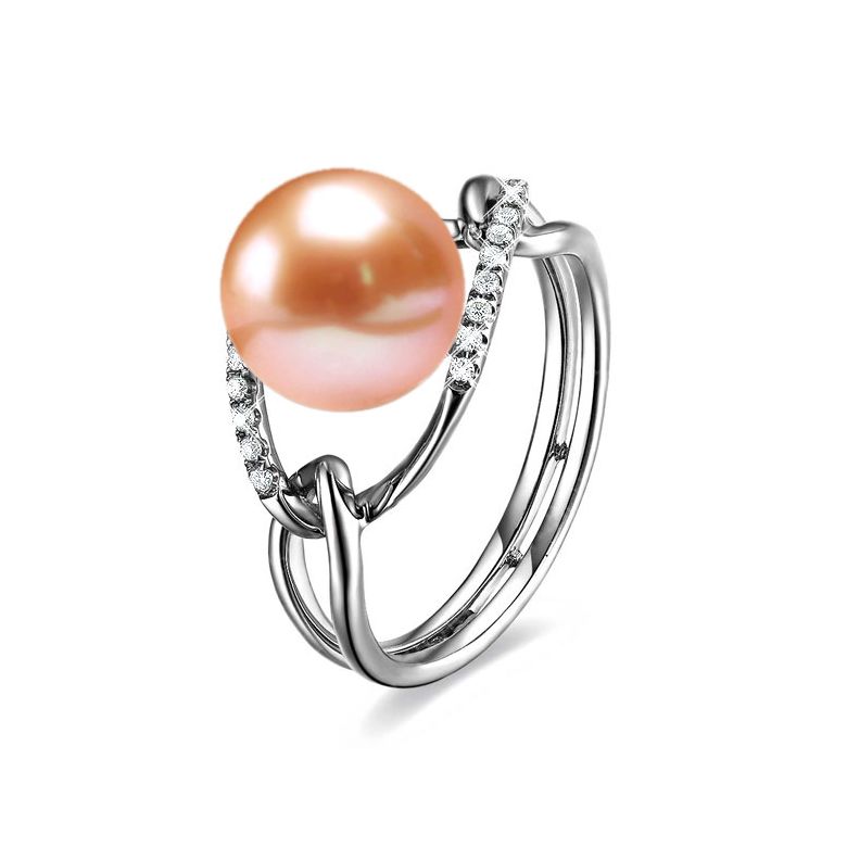 Bague 2 anneaux or blanc à l'unisson - Perle de culture et diamants - 5