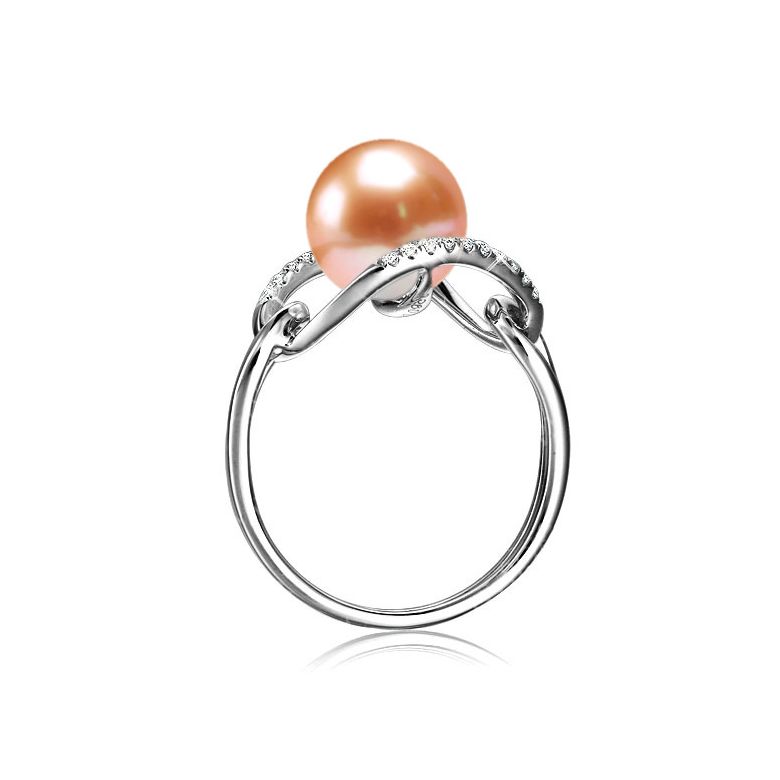 Bague or jaune perle blanche eau douce - 2 anneaux unis en diamants - 7