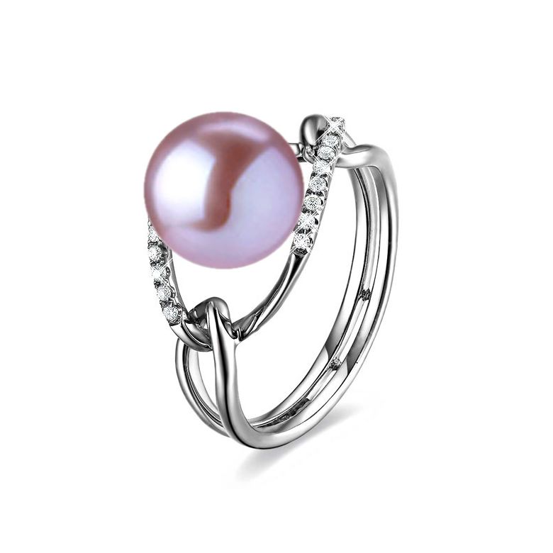 Bague 2 anneaux or blanc à l'unisson - Perle de culture et diamants - 7
