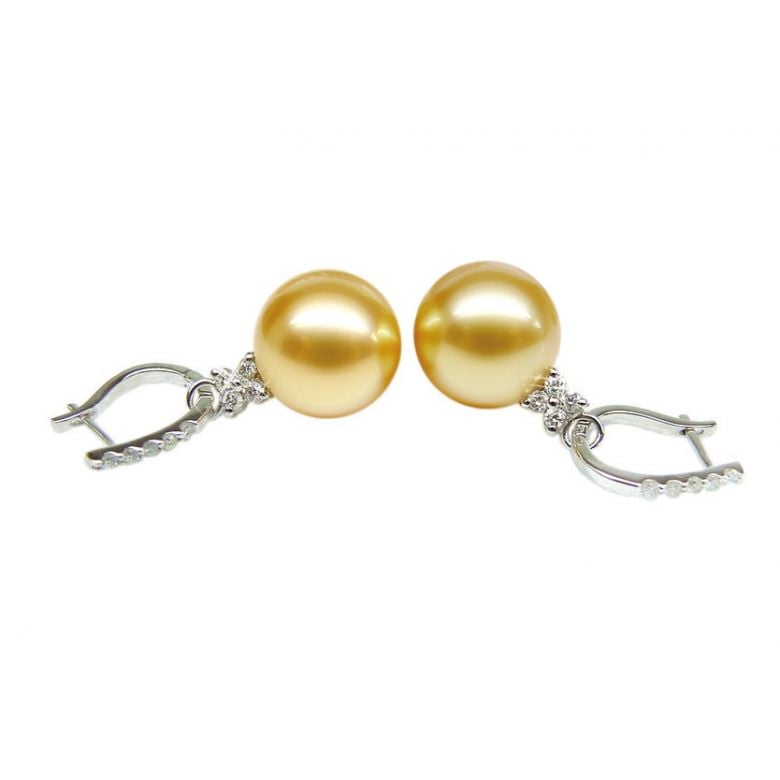 Boucles d'oreilles dormeuses diamantées - Perles d'Australie, or blanc - 1
