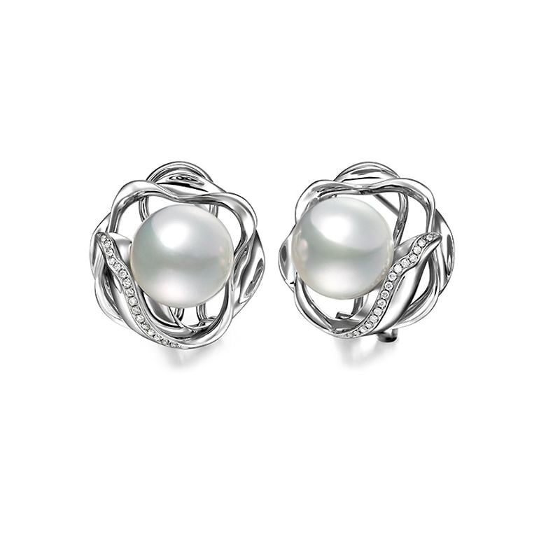 Boucles oreilles fleurs lotus - Perles Australie - Or blanc, diamants - 1