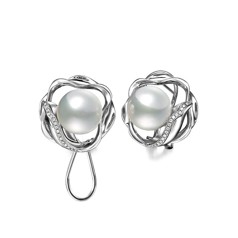 Boucles oreilles fleurs lotus - Perles Australie - Or blanc, diamants - 2