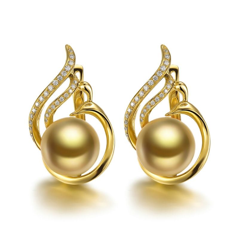 Boucles oreilles paons merveilleux - Perles dorées, diamants, or jaune - 1