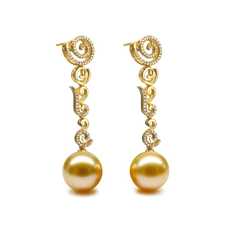 Boucles oreilles spirales volutes - Perles dorées - Or, diamants - 2