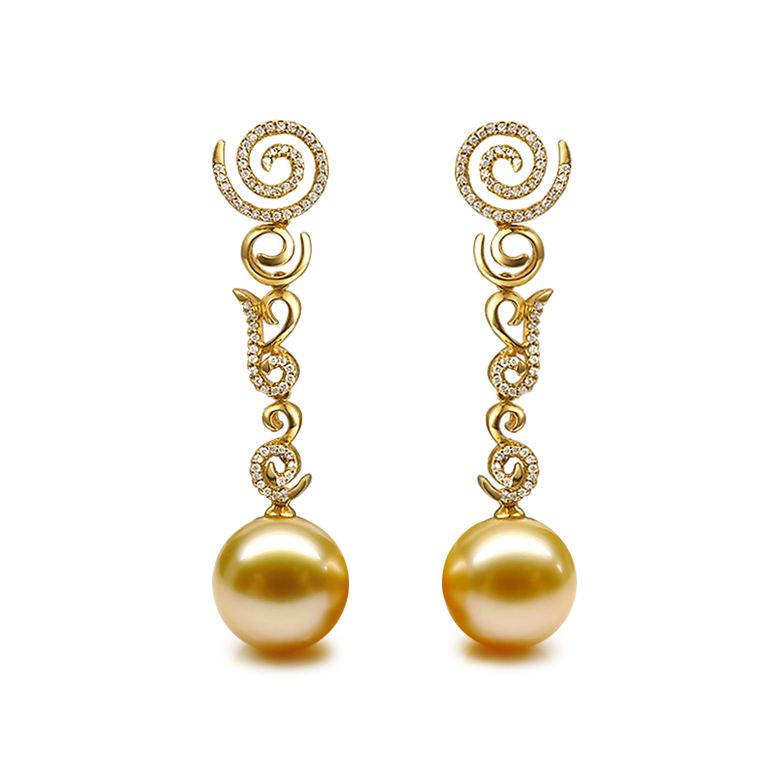 Boucles oreilles spirales volutes - Perles dorées - Or, diamants - 1