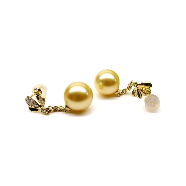 Boucles oreilles perles Australie or jaune, diamants - Jardin d'Eden - 3