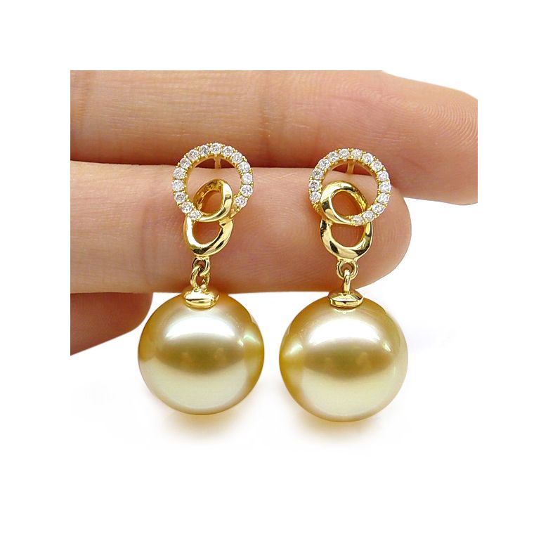 Boucles d'oreilles montures entournées - Perles Australie, or jaune, diamants  - 2