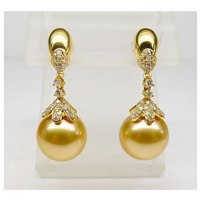Boucles oreilles lignes Classique. Perles Australie, diamants Or jaune - 7