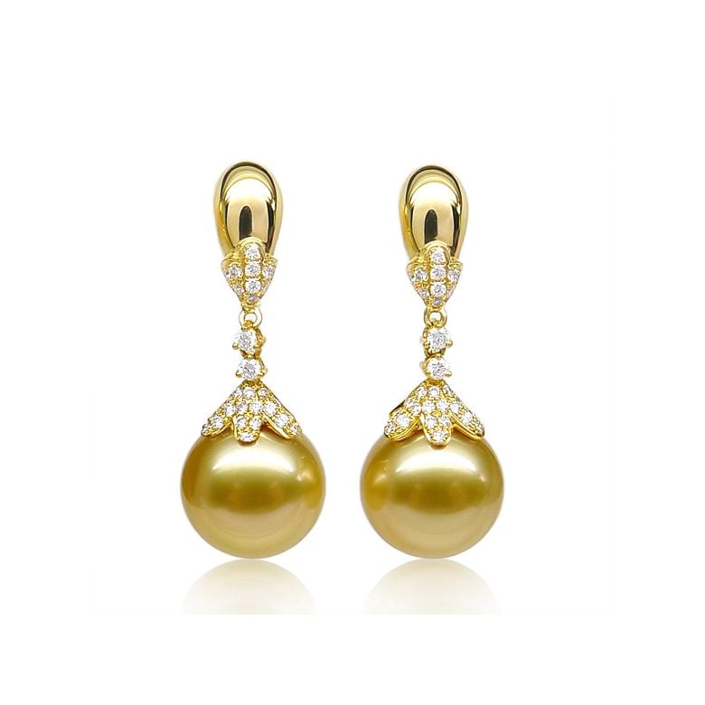 Boucles oreilles lignes Classique. Perles Australie, diamants Or jaune - 1