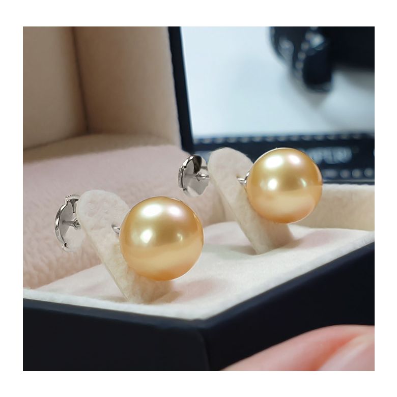 Boucles oreilles tiges clous - Perles Australie dorées - Or blanc - 3
