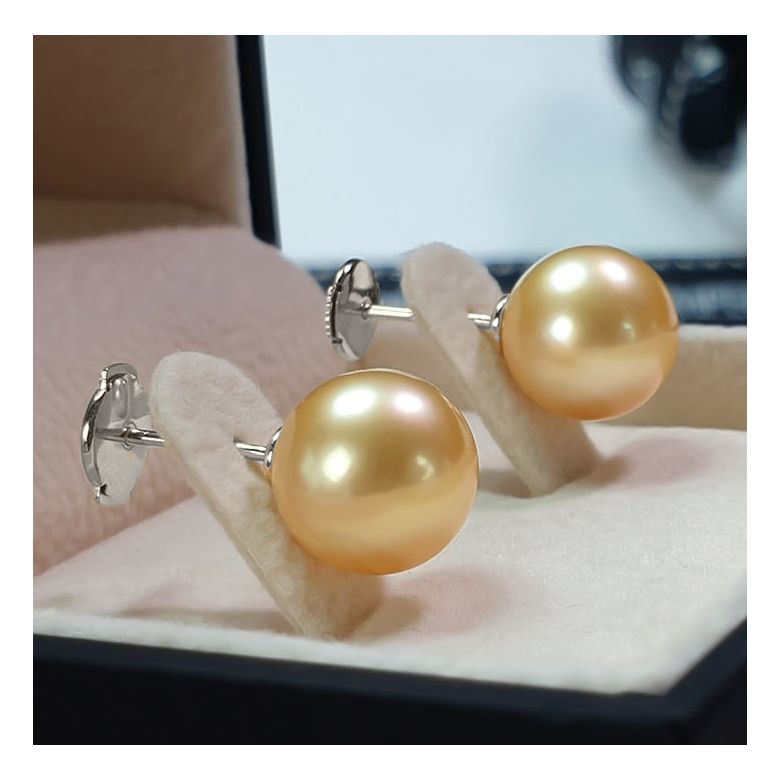 Boucles oreilles tiges clous - Perles Australie dorées - Or blanc - 5