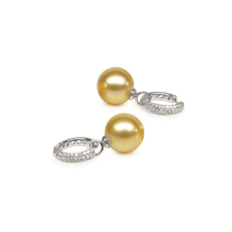 Dormeuses anneaux or blanc diamants pavés - Perles Australie - 1