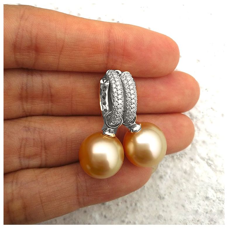 Dormeuses anneaux or blanc diamants pavés - Perles Australie - 4