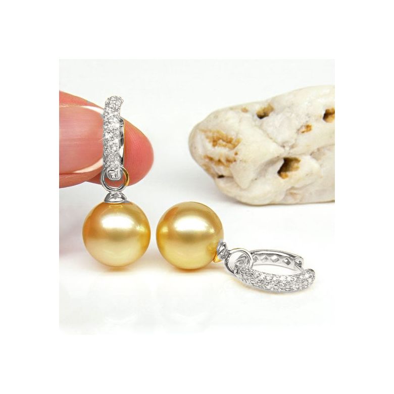 Dormeuses anneaux or blanc diamants pavés - Perles Australie - 2
