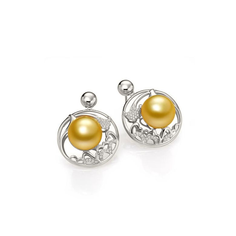 Boucles d'oreilles fleurs de pivoine - Perles d'Australie dorées or blanc - 1