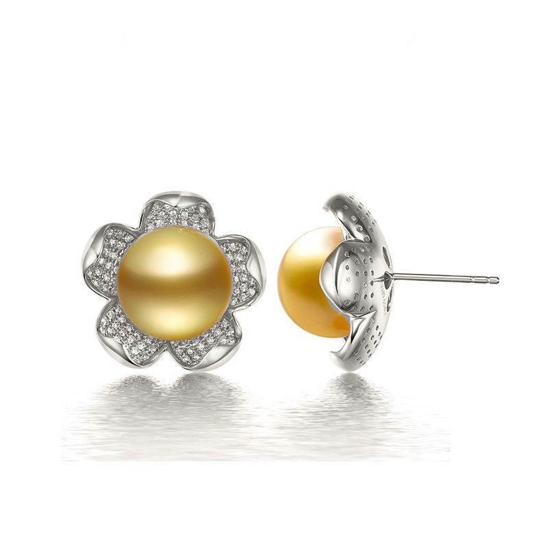 Boucles d'oreilles fleurs de frangipanier - Perles d'Australie dorées or blanc - 1