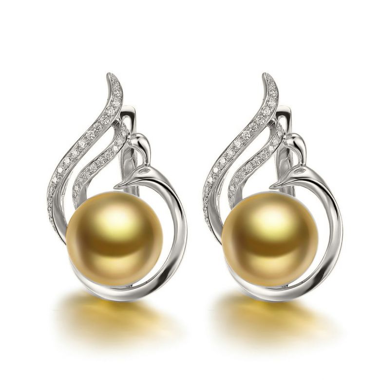 Boucles oreilles paons merveilleux - Perles dorées, diamants, or blanc - 1