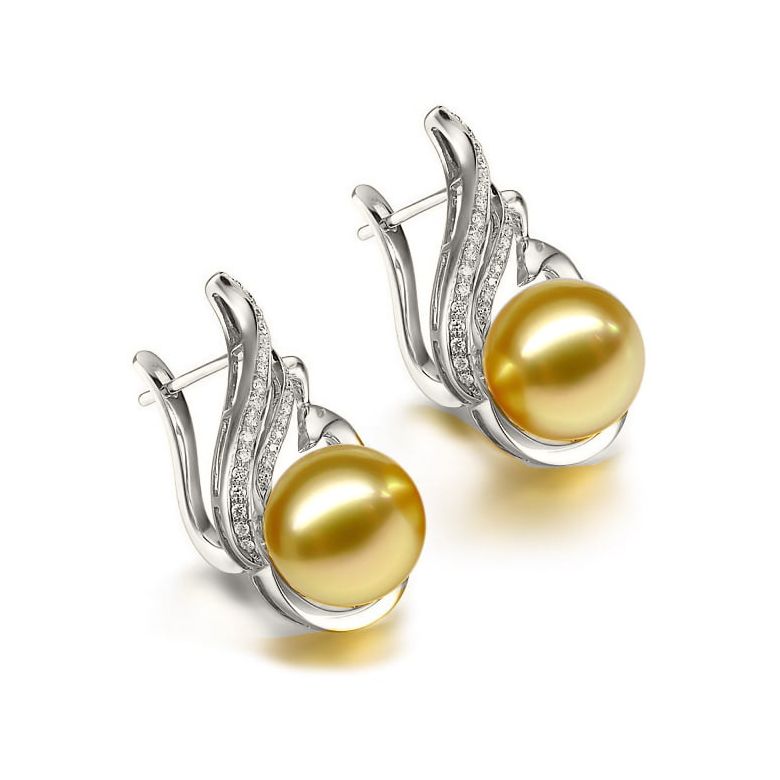 Boucles oreilles paons merveilleux - Perles dorées, diamants, or blanc - 2