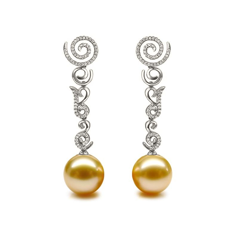 Boucles oreilles spirales volutes - Perles dorées - Or, diamants or blanc - 1