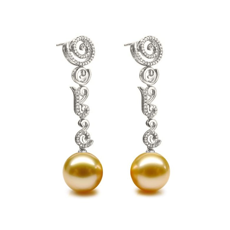 Boucles oreilles spirales volutes - Perles dorées - Or, diamants or blanc - 2