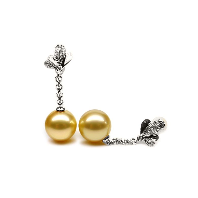 Boucles oreilles perles Australie or blanc, diamants - Jardin d'Eden - 1