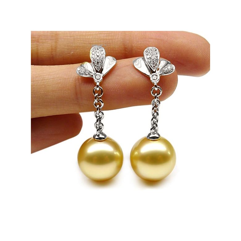 Boucles oreilles perles Australie or blanc, diamants - Jardin d'Eden - 2