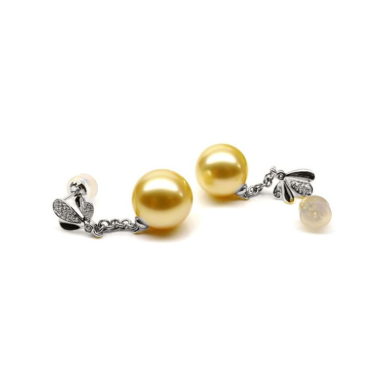 Boucles oreilles perles Australie or blanc, diamants - Jardin d'Eden - 3