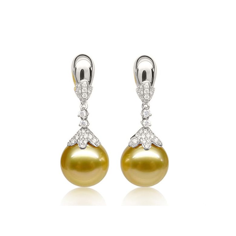 Boucles oreilles lignes Classique. Perles Australie, diamants Or blanc - 1