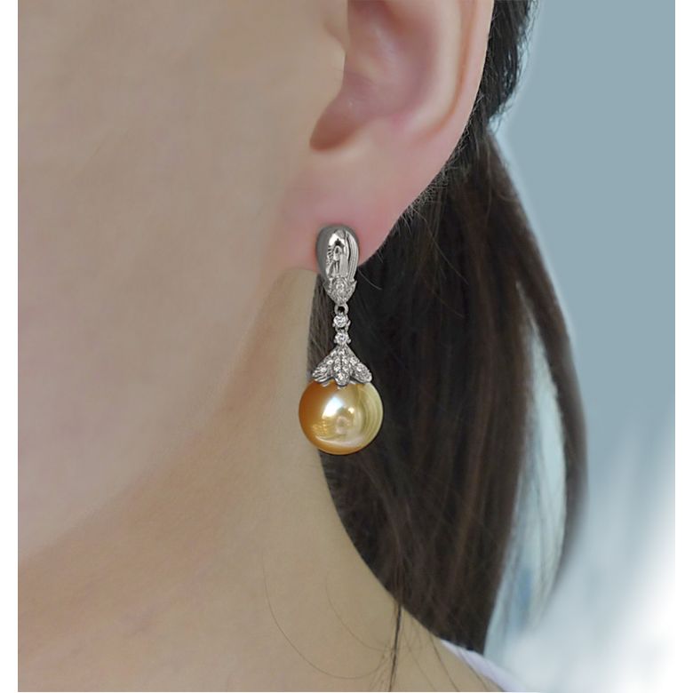 Boucles oreilles lignes Classique. Perles Australie, diamants Or blanc - 3