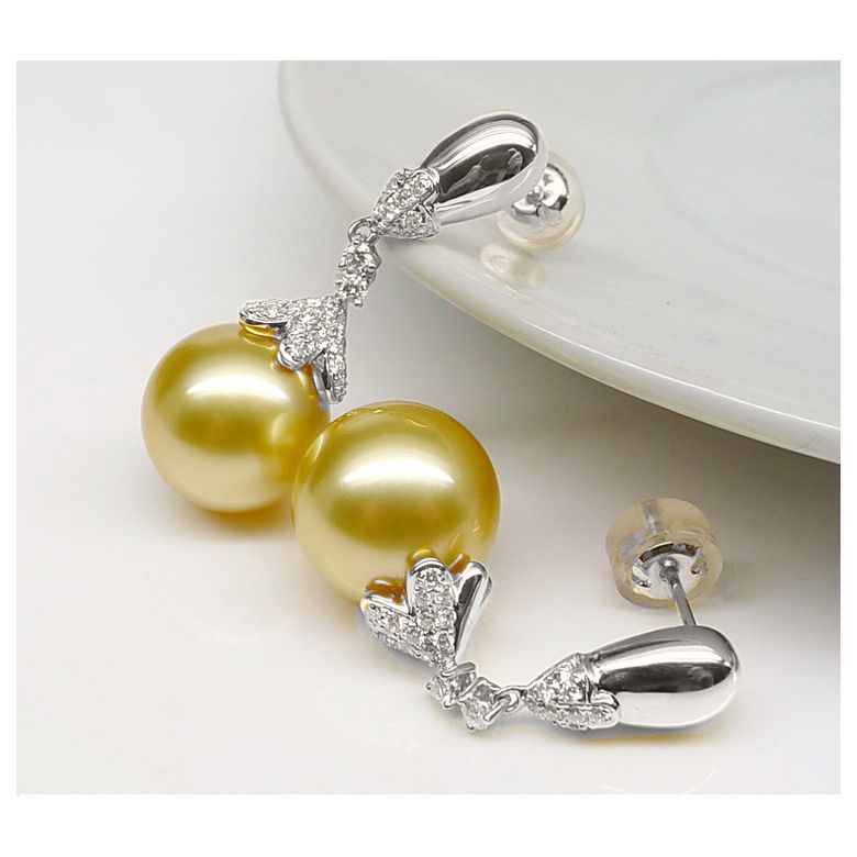 Boucles oreilles lignes Classique. Perles Australie, diamants Or blanc - 4