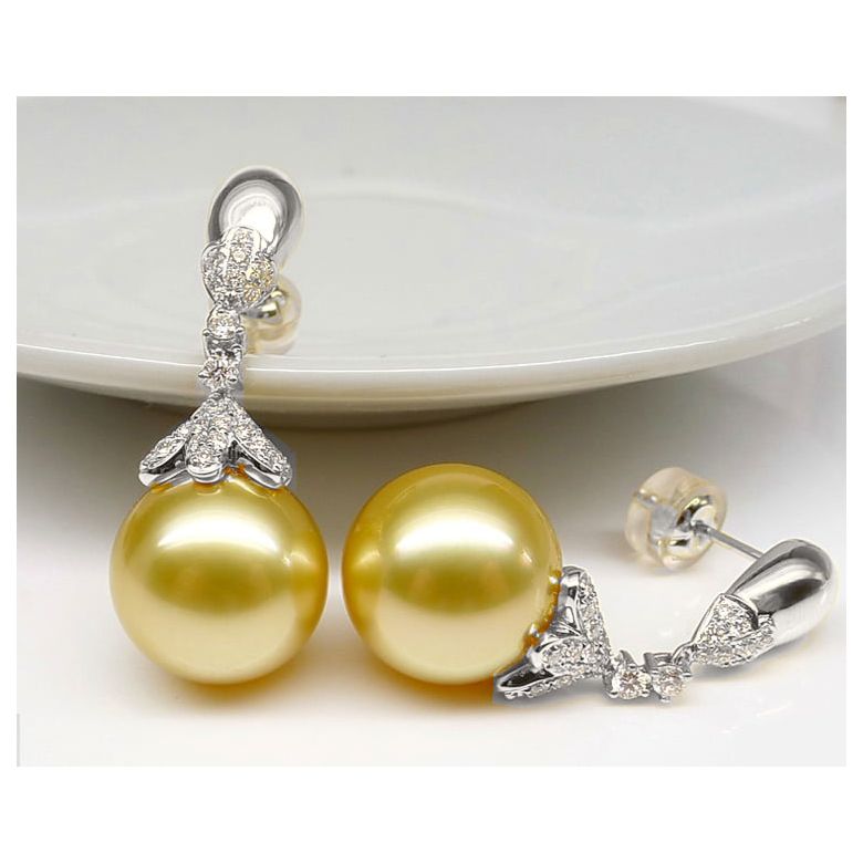 Boucles oreilles lignes Classique. Perles Australie, diamants Or blanc - 5