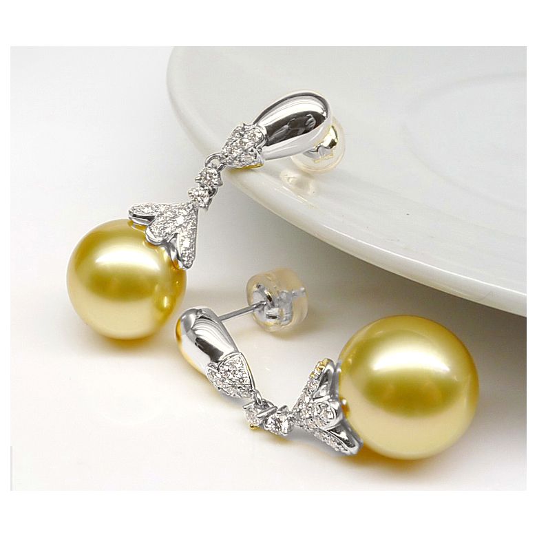 Boucles oreilles lignes Classique. Perles Australie, diamants Or blanc - 6
