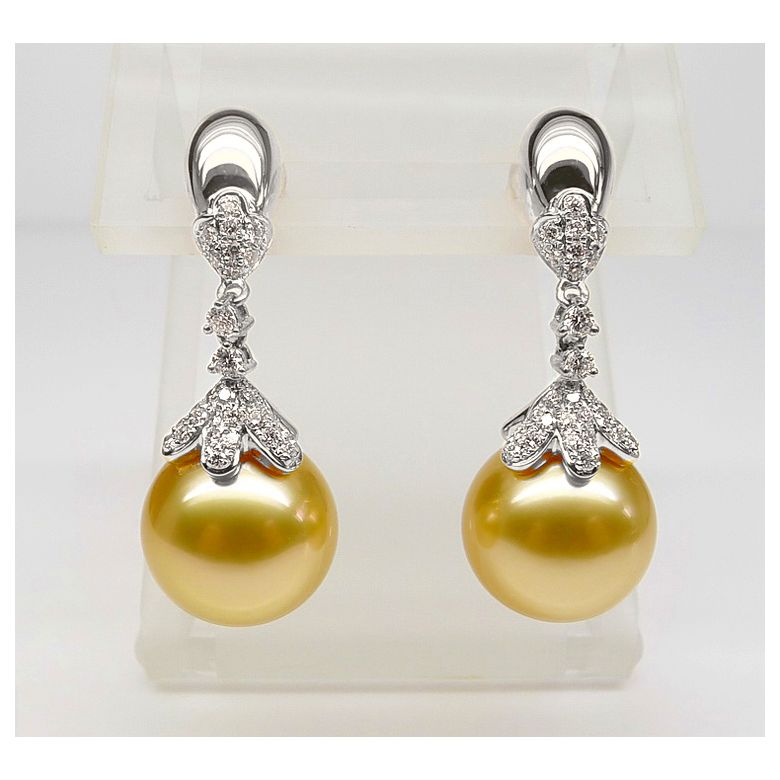 Boucles oreilles lignes Classique. Perles Australie, diamants Or blanc - 7
