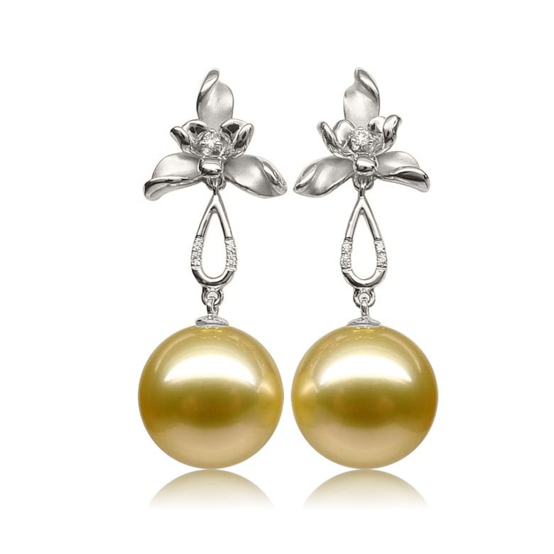 Boucles d'oreilles 3 pétales gold. Perles des mers du Sud or blanc - 1