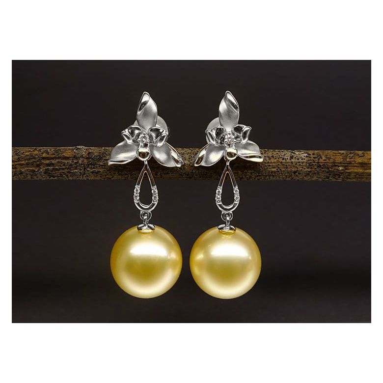 Boucles d'oreilles 3 pétales gold. Perles des mers du Sud or blanc - 6