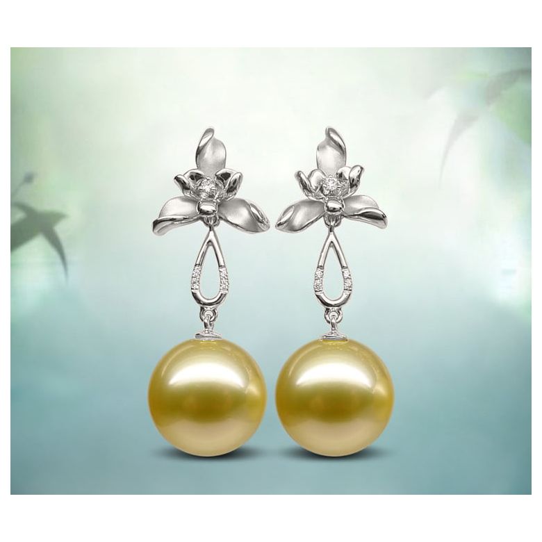 Boucles d'oreilles 3 pétales gold. Perles des mers du Sud or blanc - 9