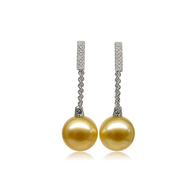 Boucles oreilles pendant Or blanc & perle Australie. Diamants - 1