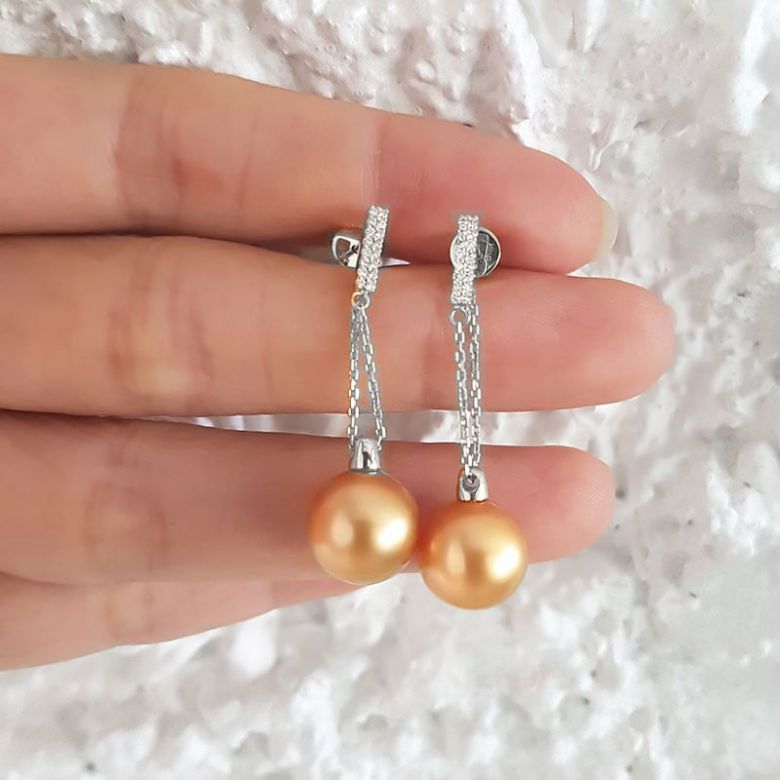 Boucles oreilles pendant Or blanc & perle Australie. Diamants - 5