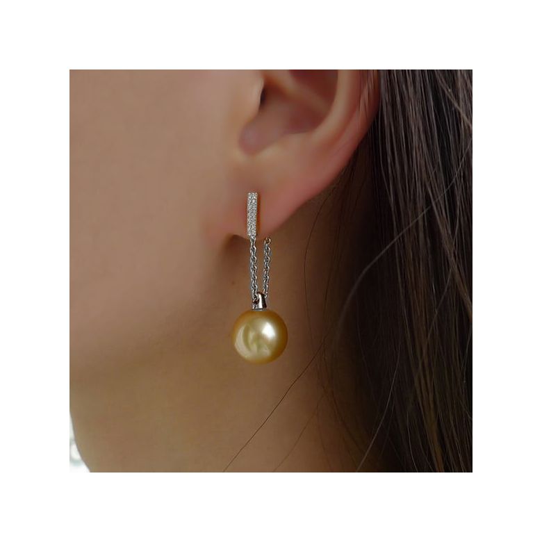 Boucles oreilles pendant Or blanc & perle Australie. Diamants - 3