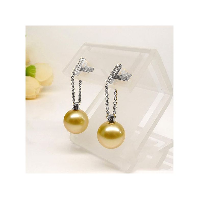 Boucles oreilles pendant Or blanc & perle Australie. Diamants - 4