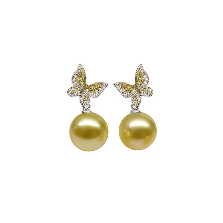 Pendants d'oreilles Papillon. Or blanc, Perle d'Australie dorée, Diamants - 1