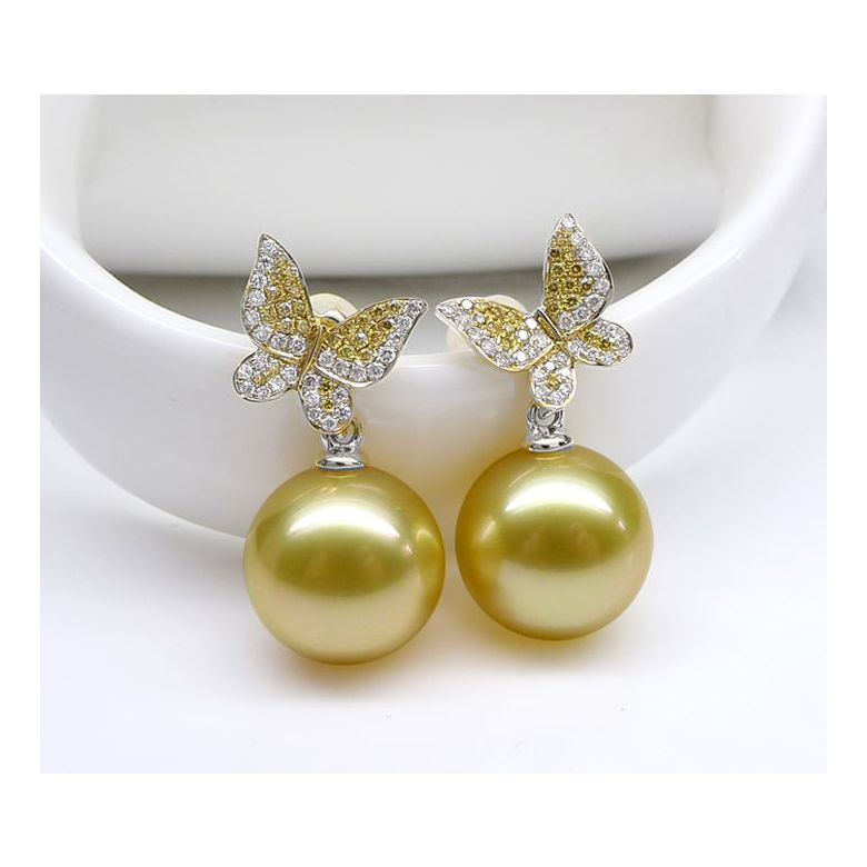 Pendants d'oreilles Papillon. Or blanc, Perle d'Australie dorée, Diamants - 4