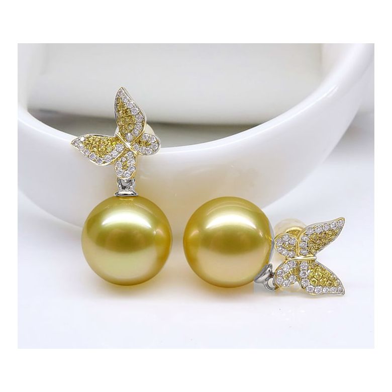 Pendants d'oreilles Papillon. Or blanc, Perle d'Australie dorée, Diamants - 5