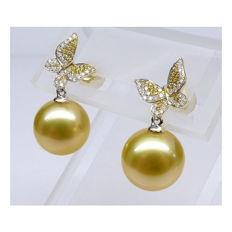 Pendants d'oreilles Papillon. Or blanc, Perle d'Australie dorée, Diamants - 6